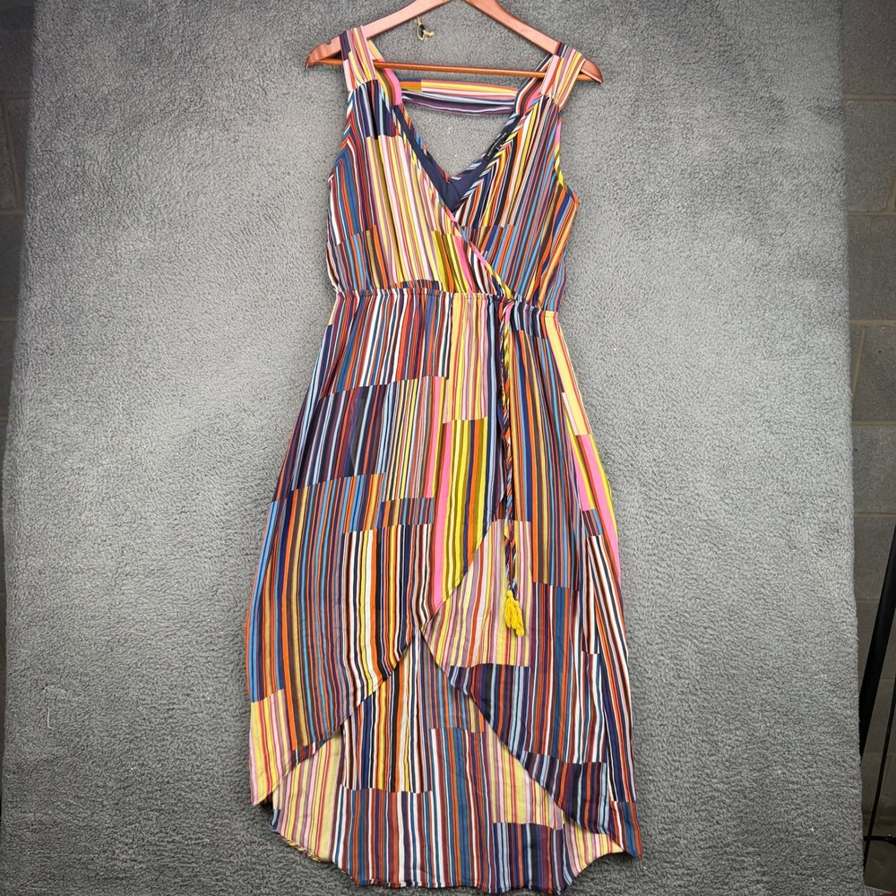 Signature Studio Womens Multicolor Striped High Low Wrap Midi Dress Medium Boho